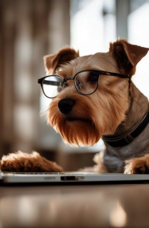 Dog wearing glasses looking at a laptop screen